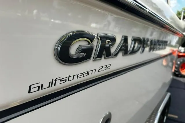 Slide: The Image of 2025 Grady-White Gulfstream 232 boat, close-up of logo and model name. - 11
