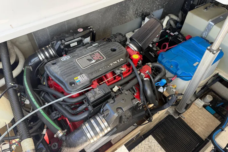 Slide: The Image of Engine compartment of a 2007 Regal Commodore 3760 IO boat, featuring a Volvo Penta engine. - 45