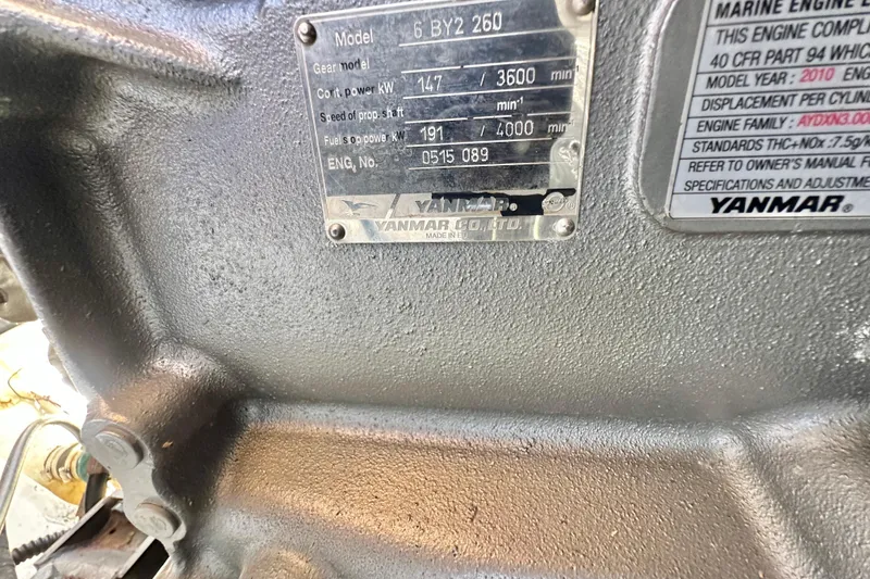 Slide: The Image of Yanmar engine plate on 2011 Ranger Tugs R-29, displaying model and specifications. - 28