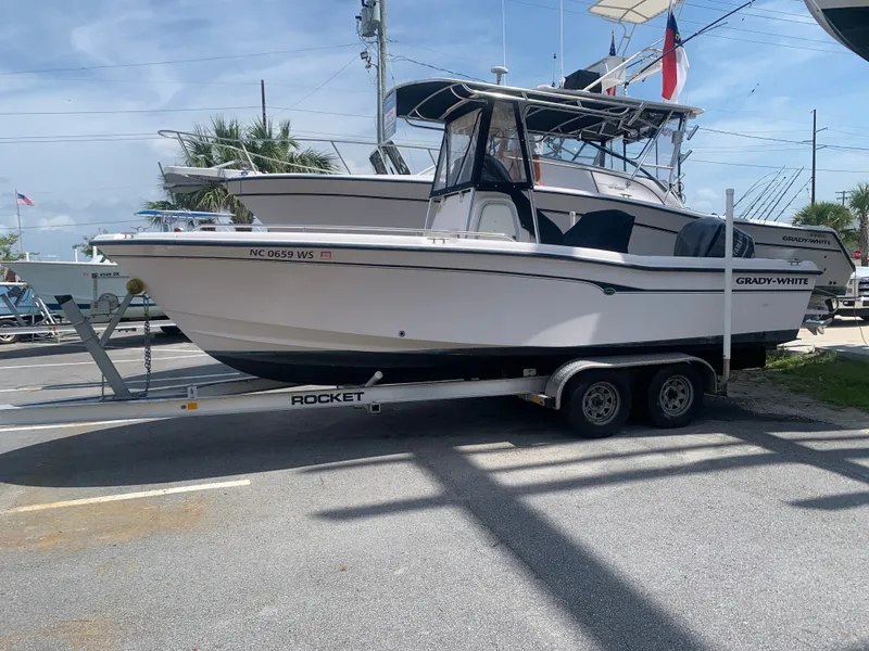 Slide: The Image of A 2002 Grady-White 222 boat on a trailer in a marina area. - 20
