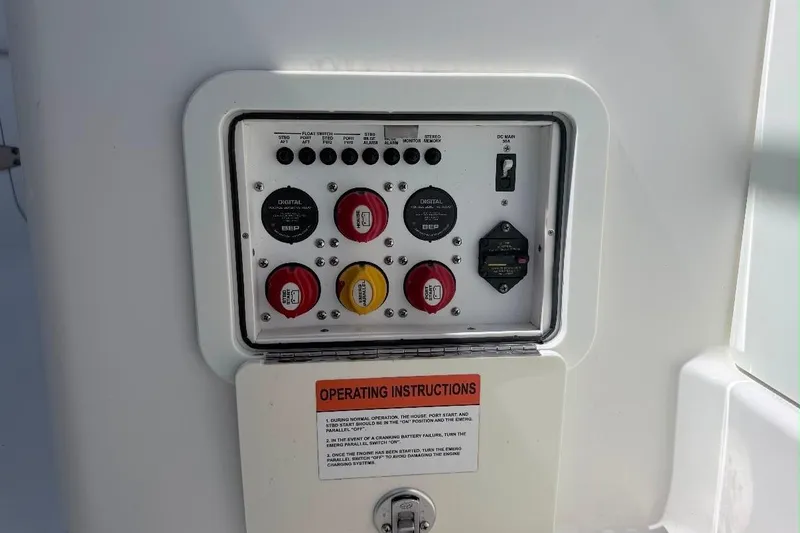 Slide: The Image of Control panel of a 2019 World Cat 320 DC boat with operating instructions. - 33