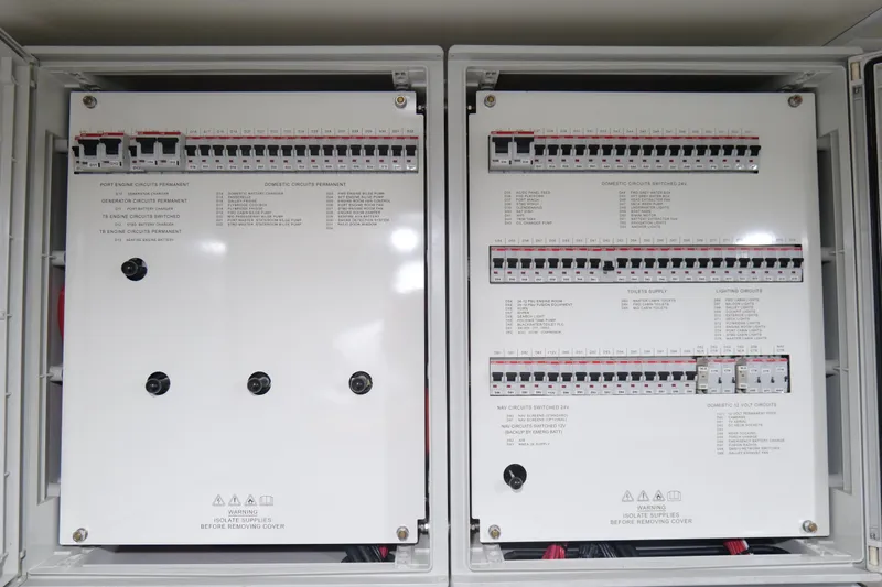 Slide: The Image of Electrical panel with circuit breakers, Pearl 62 model, 2022, featuring labeled domestic and engine circuits. - 70