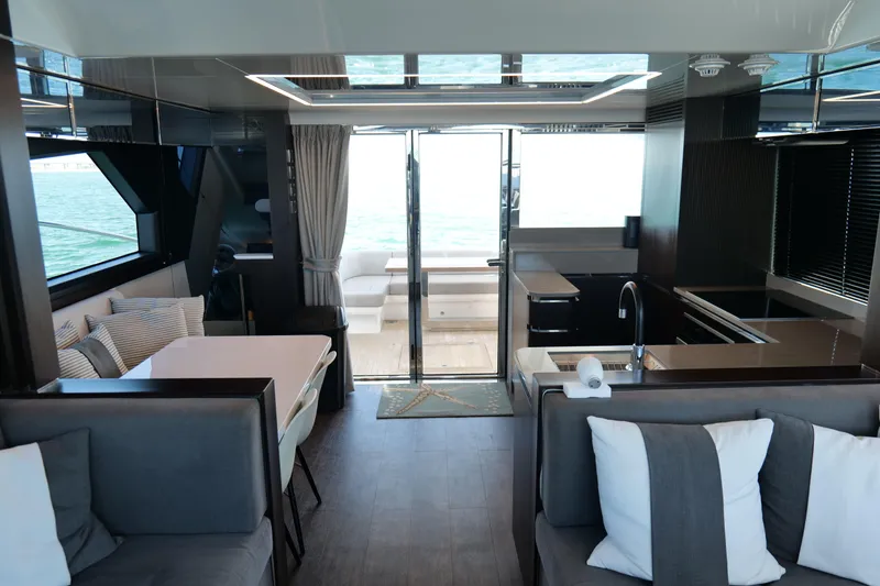 Slide: The Image of Luxurious interior of 2022 Pearl 62 yacht with modern furnishings and ocean view. - 42