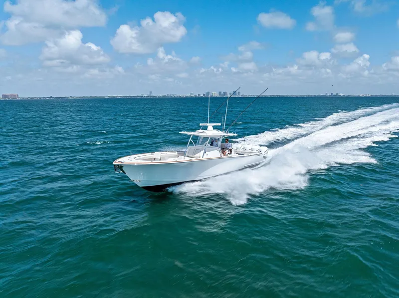 Slide: The Image of Valhalla Boatworks V-41 2021 cruising on open sea under sunny skies. - 45