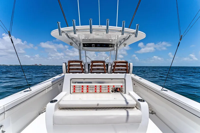 Slide: The Image of 2021 Valhalla Boatworks V-41 on open water, featuring sleek design and spacious seating. - 18