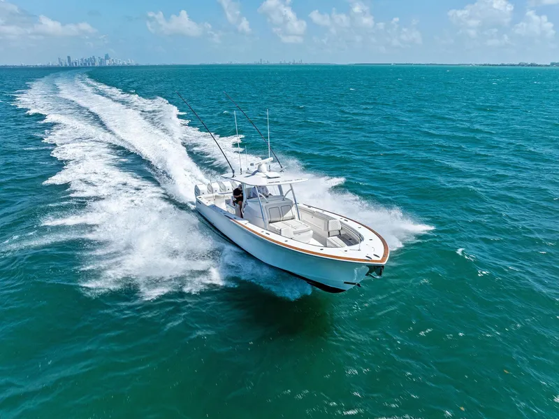Slide: The Image of Valhalla Boatworks V-41 2021 cruising swiftly on open sea. - 48