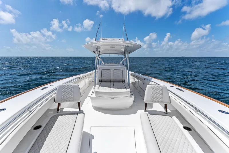 Slide: The Image of Valhalla Boatworks V-41 2021 on open sea, luxurious design. - 32