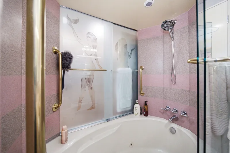 Slide: The Image of Luxurious bathroom with a whirlpool tub, gold grab bars, and decorative shower wall. - 45