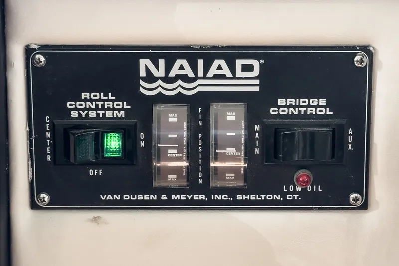 Slide: The Image of A control panel labeled "NAIAD" for roll and bridge control, featuring toggle switches and indicators. - 36
