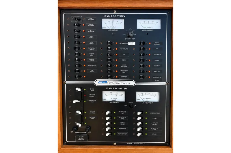 Slide: The Image of Electrical control panel of a 2005 Compton 33 Downeast Express yacht. - 21