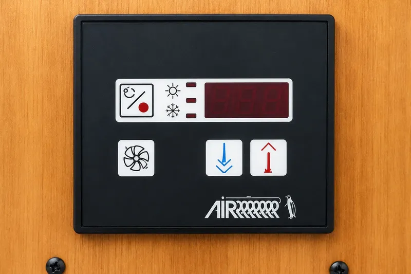 Slide: The Image of Control panel on 2005 Compton 33 Downeast Express boat, featuring temperature and fan settings. - 10