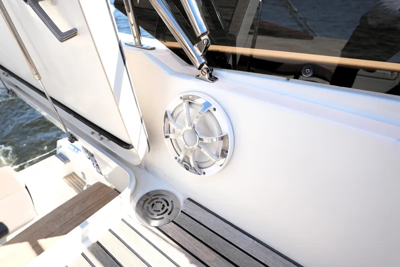 Slide: The Image of 2013 Prestige 500 yacht deck with speaker and stainless steel railing. - 41