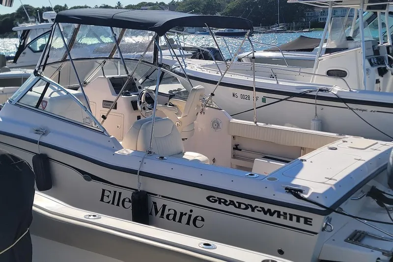 Slide: The Image of 2008 Grady-White Tournament 225 boat docked, featuring a sleek design and spacious seating. - 4