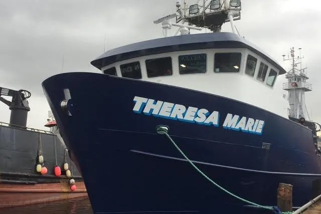 Slide: The Image of Blue steel cannery tender "Theresa Marie" docked, Custom model, 1974. - 1