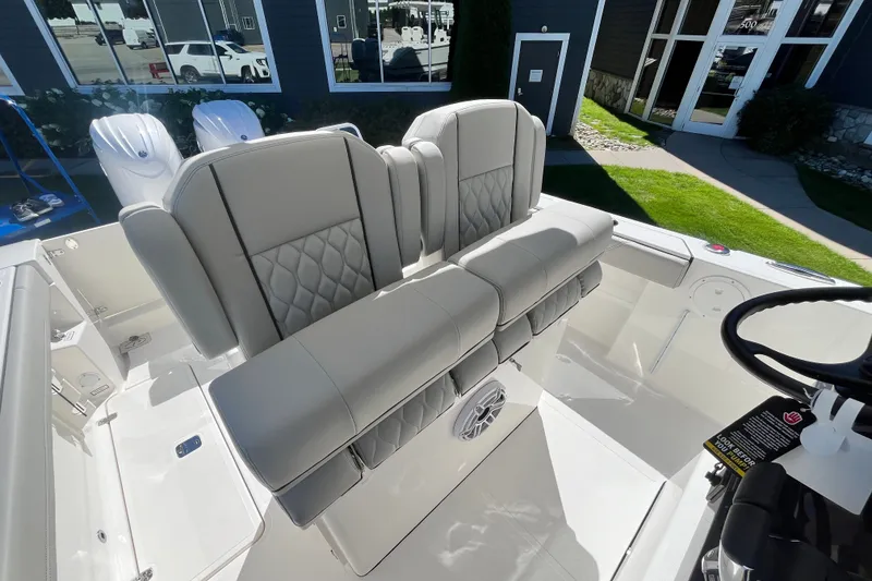 Slide: The Image of Luxurious seating on 2027 Pursuit S 268 Sport boat, featuring elegant design and premium materials. - 14
