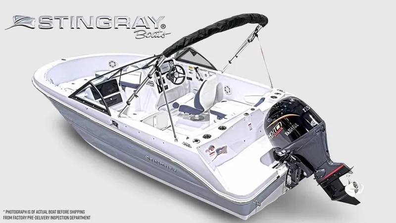 Slide: The Image of The image shows a modern Stingray 172 DC boat with an outboard motor and sleek white design. - 4