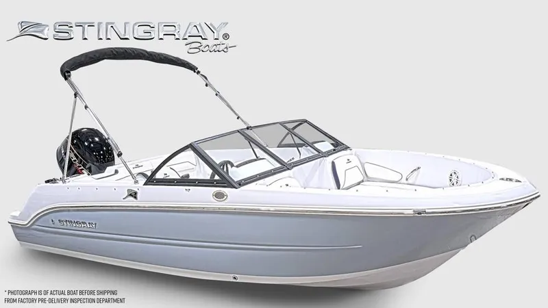 Slide: The Image of The image shows a 2027 Stingray 172 DC boat with a gray hull and black bimini top. - 8
