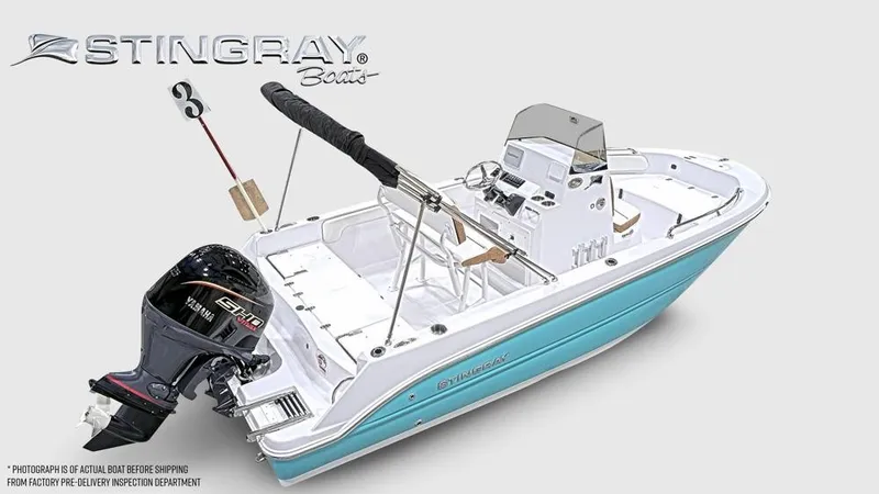 Slide: The Image of A modern 2027 Stingray 173 CC with a blue hull and powerful outboard motor. - 2