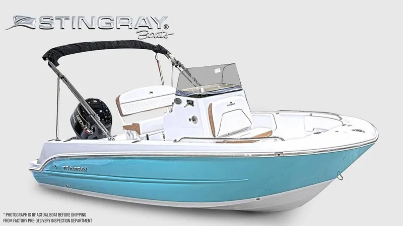 Slide: The Image of The image shows a 2027 Stingray 173 CC boat with a blue hull and white deck. - 8