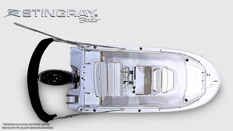 Slide: The Image of Aerial view of a white Stingray 173 CC boat with open deck and helm console. - 7