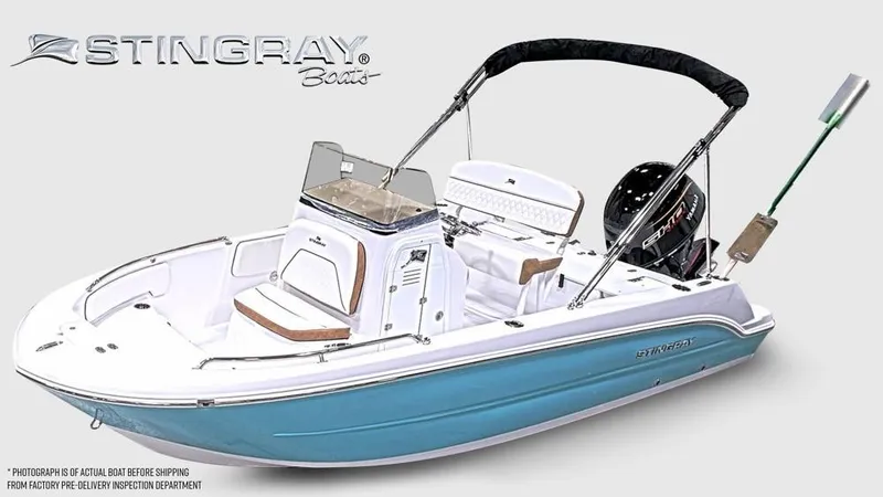 Slide: The Image of A modern 2027 Stingray 173 CC with a blue hull and outboard motor. - 5