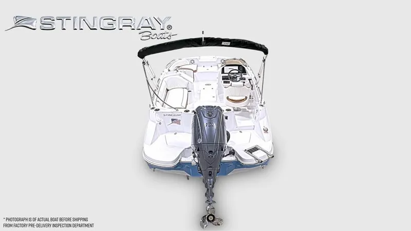 Slide: The Image of The image shows a Stingray 192 SC boat from the rear, featuring an outboard motor and a bimini top. - 4
