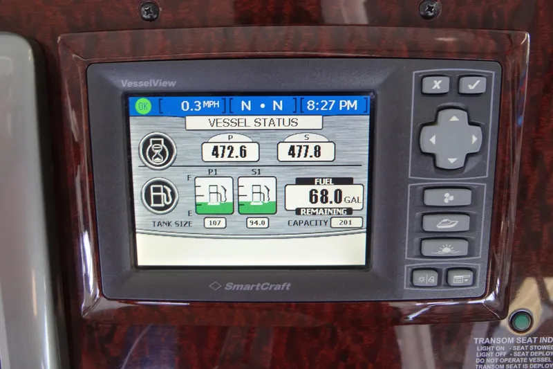 Slide: The Image of SmartCraft VesselView display on 2013 Sea Ray Sundancer 330 showing speed, fuel, and engine data. - 28