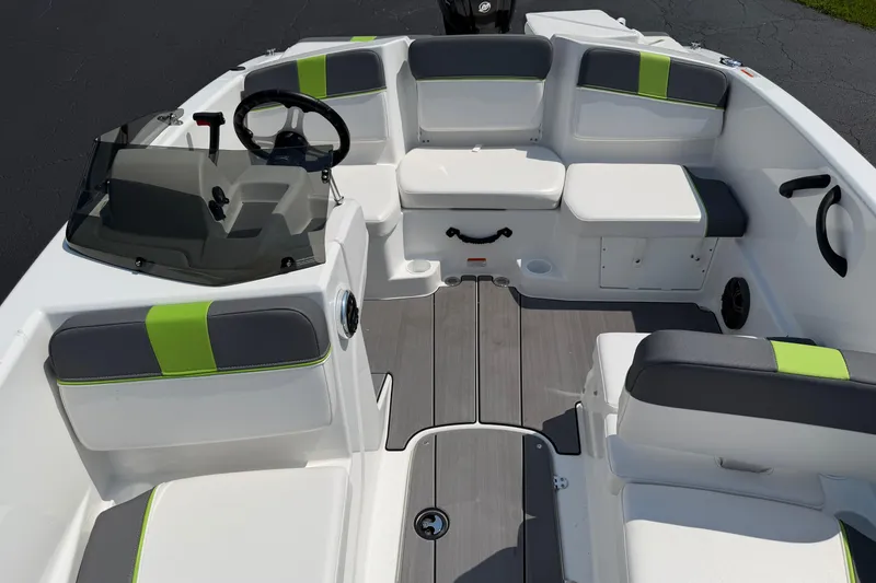 Slide: The Image of 2024 Tahoe T16 boat interior with modern seating and sleek design. - 5