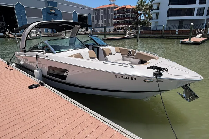 The Image of 2016 Four Winns H290 boat docked at marina, featuring sleek design and spacious seating. - 1