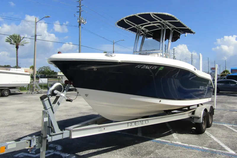 Slide: The Image of 2018 Robalo R202 Explorer boat on trailer under clear blue sky. - 1