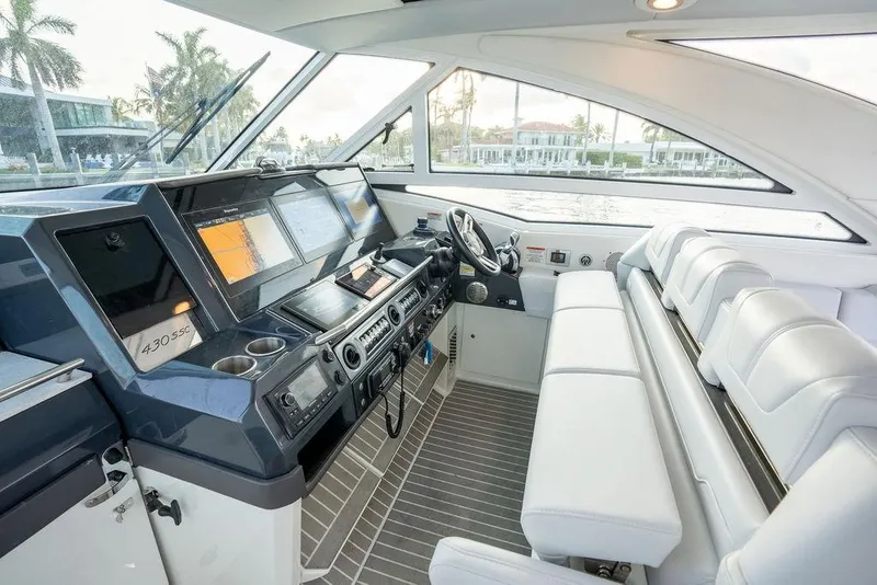 Slide: The Image of The cockpit of the 2018 Formula 430 Super Sport Crossover features modern instruments and white seating. - 45