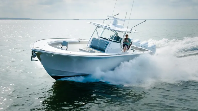 Slide: The Image of 2025 Valhalla Boatworks V-41 cruising swiftly on open water. - 1