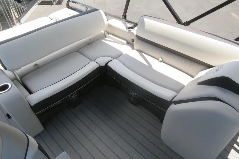 Slide: The Image of Luxurious seating on 2027 Avalon LSZ Versatile Rear Bench pontoon boat, featuring sleek design. - 21