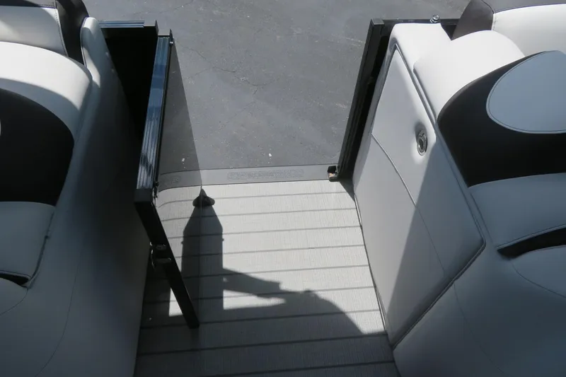 Slide: The Image of Interior view of 2027 Avalon LSZ Versatile Rear Bench boat, featuring sleek seating design. - 30
