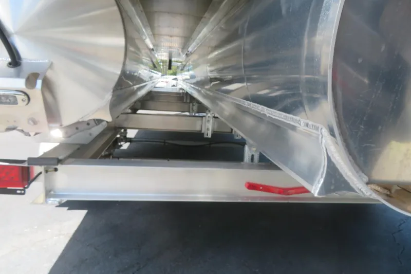 Slide: The Image of Underneath view of 2027 Avalon LSZ Versatile Rear Bench pontoon boat, showcasing aluminum structure. - 11