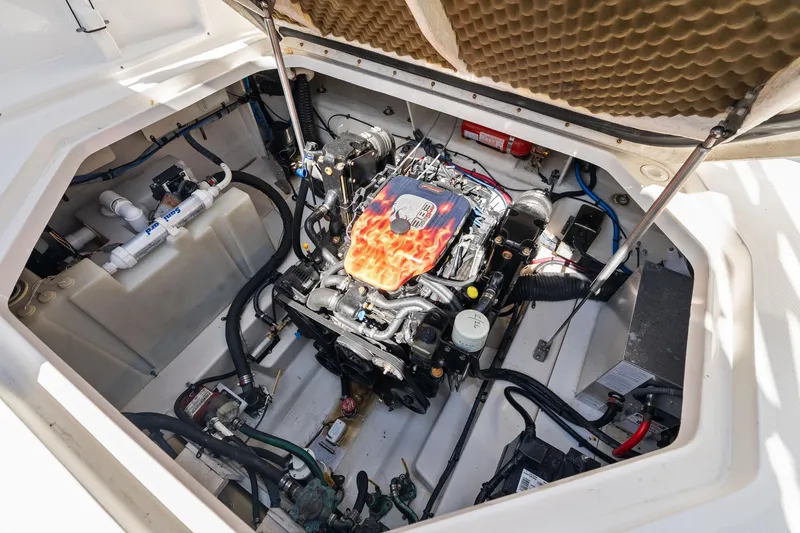 Slide: The Image of Engine compartment of a 2005 Sea Ray 270 Amberjack with custom flame design. - 24