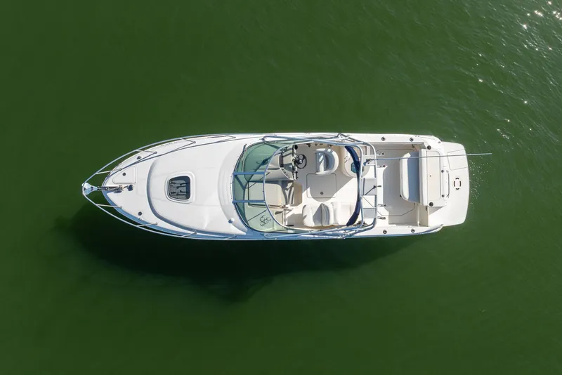 Slide: The Image of Top view of a 2005 Sea Ray 270 Amberjack boat on green water. - 8