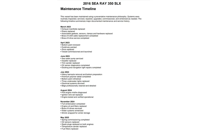 Slide: The Image of 2016 Sea Ray SLX 350 maintenance timeline detailing service history and repairs from 2023 to 2025. - 27