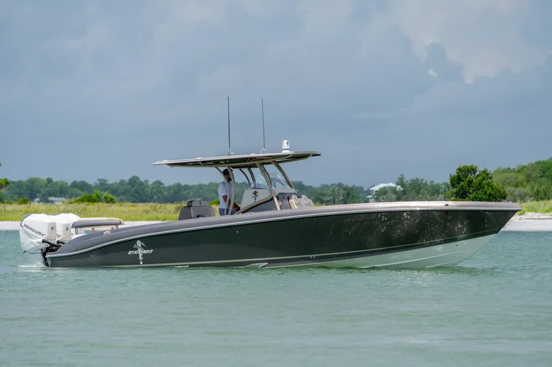 Slide: The Image of 2015 Statement 380 Open boat cruising on calm waters under a cloudy sky. - 5