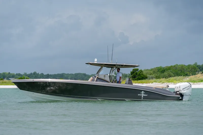 Slide: The Image of 2015 Statement 380 Open boat on water with overcast sky and shoreline background. - 19