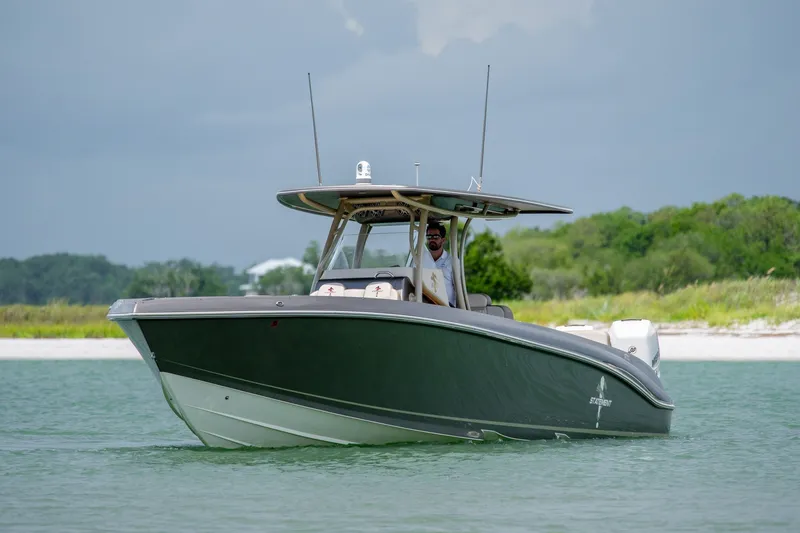 Slide: The Image of 2015 Statement 380 Open boat cruising on calm waters near a lush shoreline. - 3