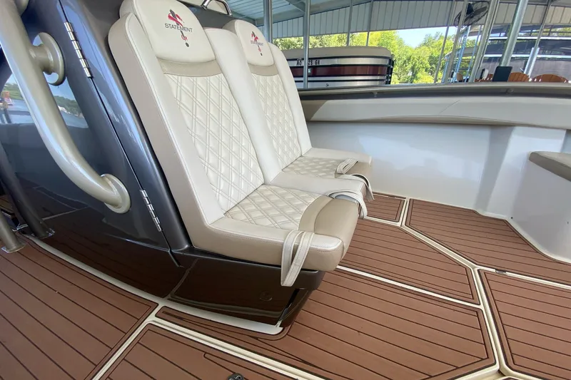 Slide: The Image of Luxurious seating on 2015 Statement 380 Open boat with elegant diamond-pattern upholstery. - 12