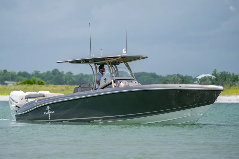 Slide: The Image of 2015 Statement 380 Open boat cruising on calm waters with scenic background. - 1