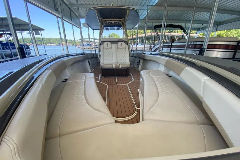 Slide: The Image of Luxurious interior of 2015 Statement 380 Open boat with elegant seating and wood flooring. - 10