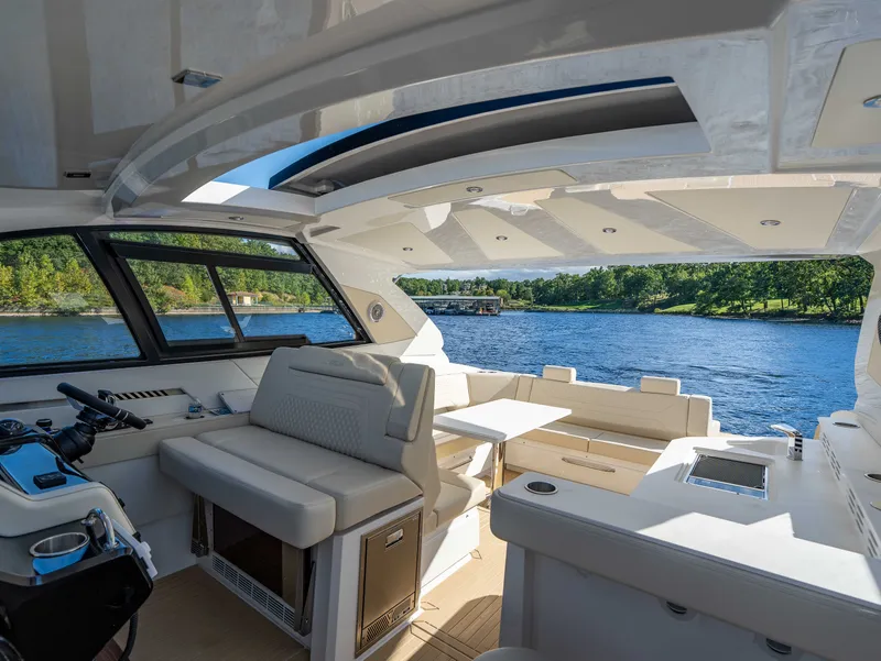 Slide: The Image of Interior of a modern yacht with panoramic roof and comfortable seating. - 34