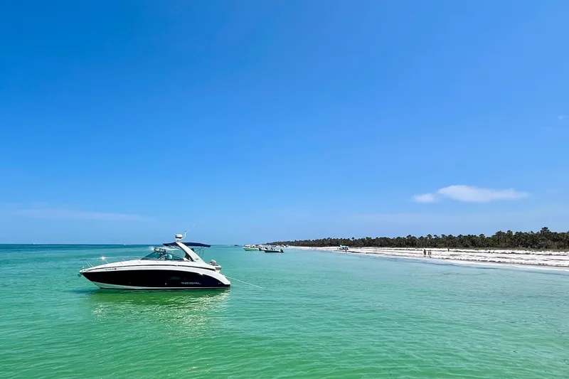 The Image of 2017 Regal 32 Express boat anchored in turquoise waters near a sandy beach under a clear blue sky. - 1