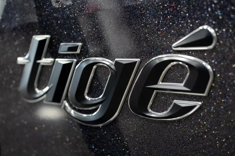 Slide: The Image of Close-up of Tigé logo on 2026 Ultré 25ZX boat with glittery finish. - 6