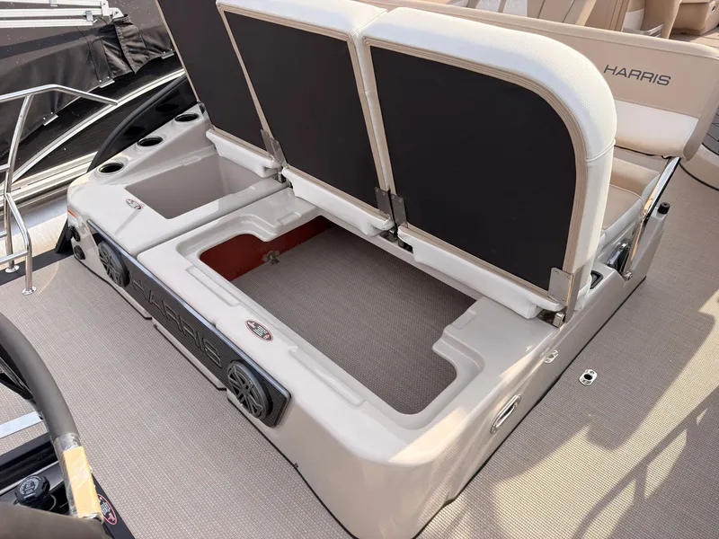 Slide: The Image of The 2027 Harris Grand Mariner 230 features an open bench seat with storage underneath. - 40
