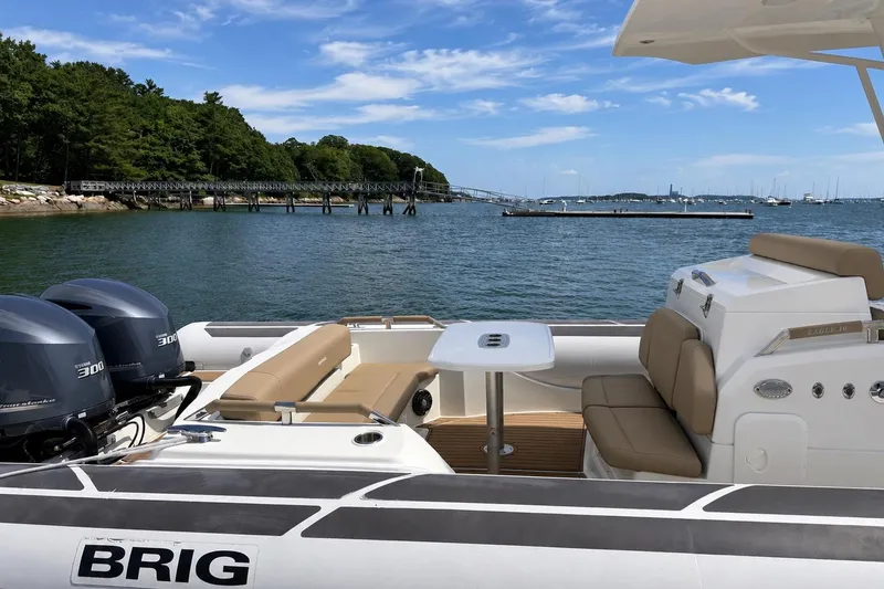 Slide: The Image of 2021 Brig Eagle 10 boat with twin engines docked by a scenic shoreline. - 5