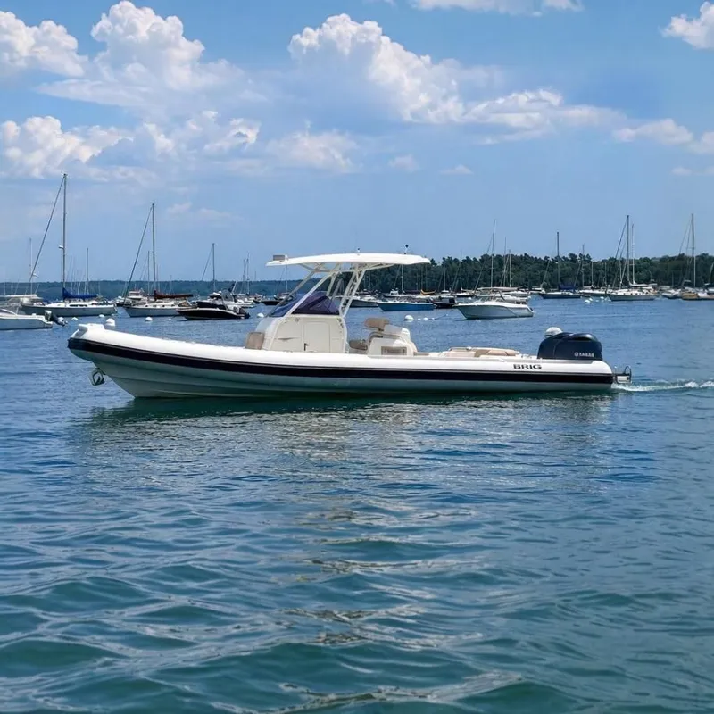 Slide: The Image of A 2021 Brig Eagle 10 cruising on calm water with several boats in the background. - 2
